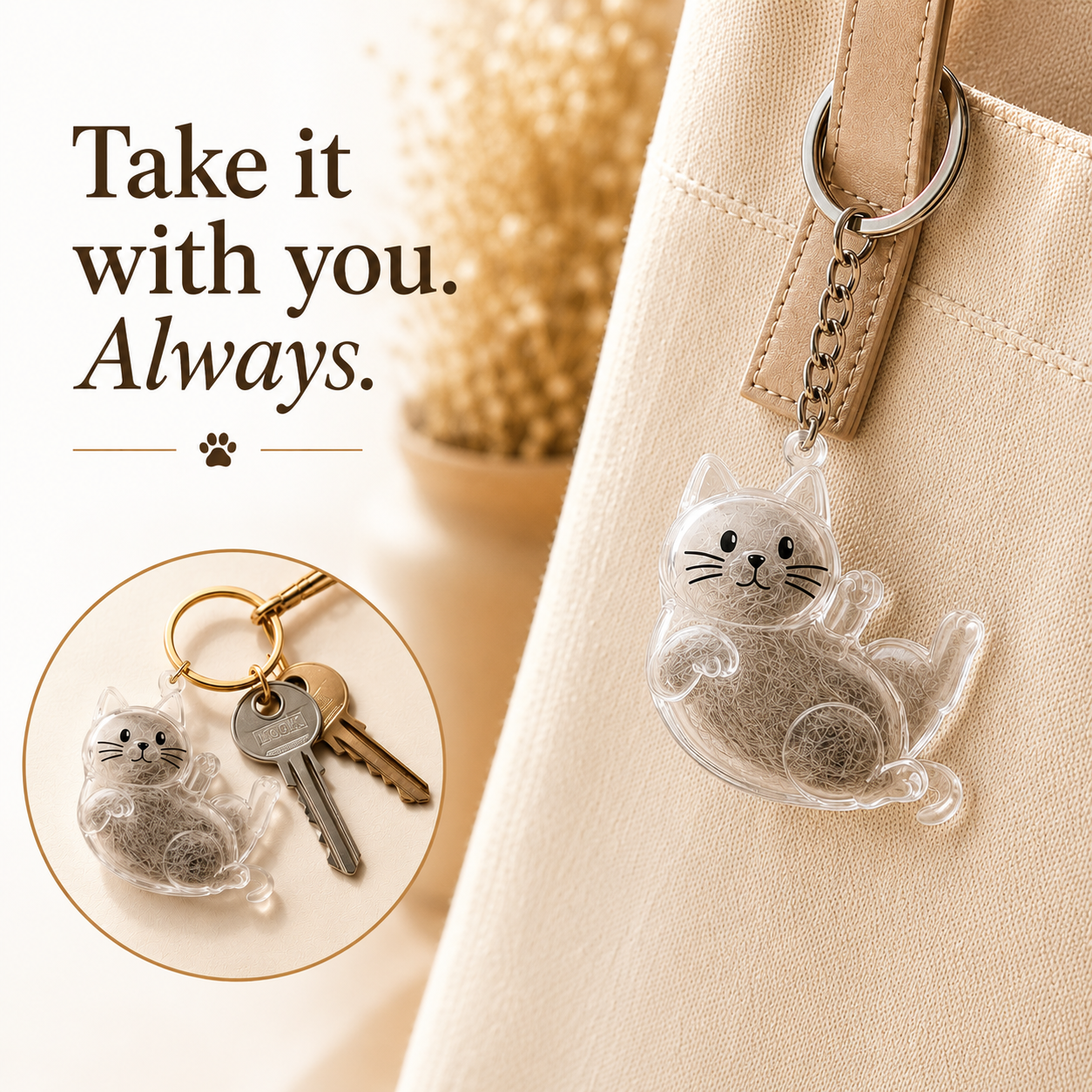 Personalized cat fur keepsake attached to bag and keys
